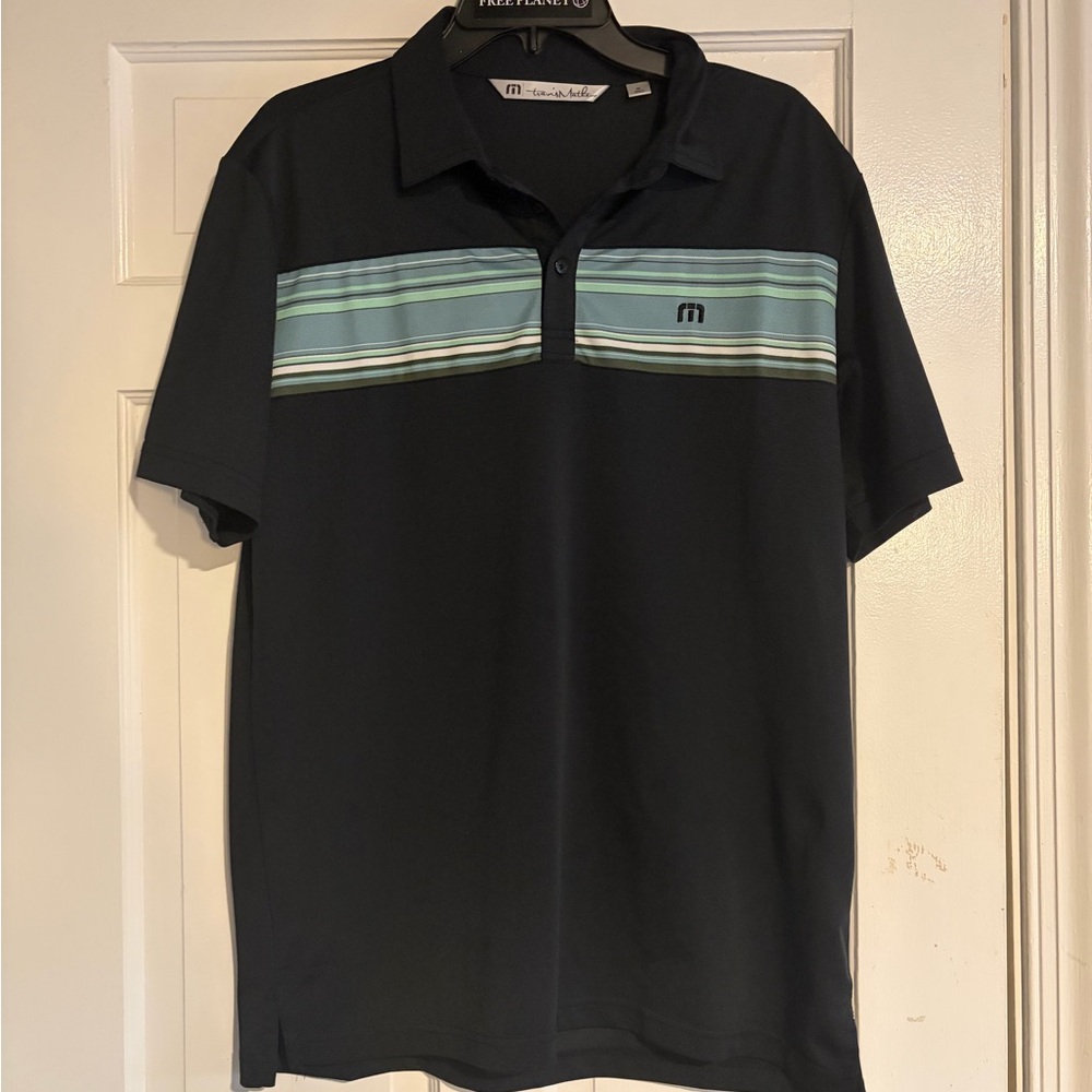 Travis Mathew Black Polo with Blue and Green Stripes